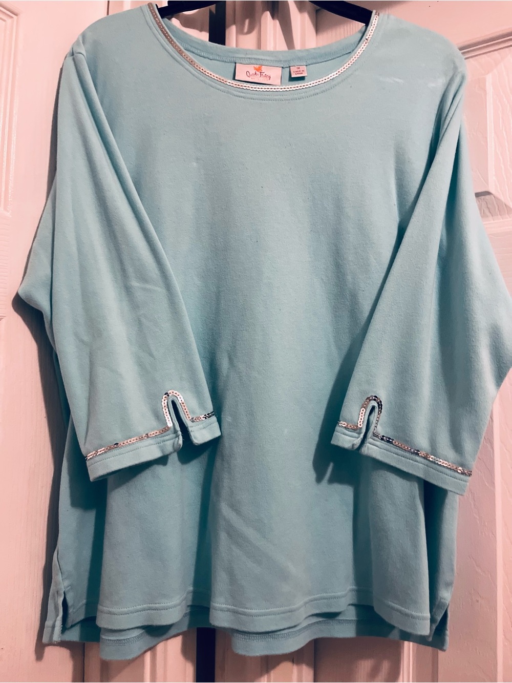 Quacker Factory Light Aqua 3/4 Sleeve Embellished Tunic